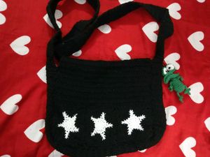 Crocheted Black Crossbody Bag with Frog Charm