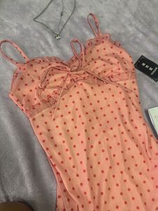 Pink Polka Dot Mesh Midi Dress34 can wear