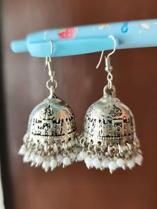 Traditional Silver Jhumka Earrings with White Bead