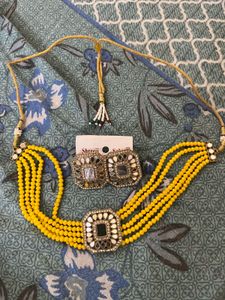 Yellow Beaded Choker Set with Earrings