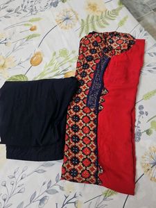 Vibrant Red Kurta Set with Navy Pants