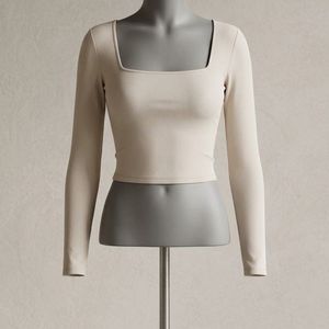 Cream Ribbed Square Neck Long Sleeve Top