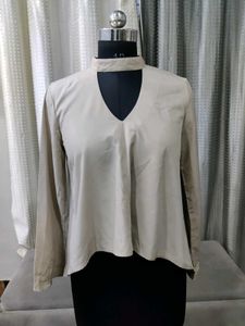Beige Choker Neck Long Sleeve Blouse