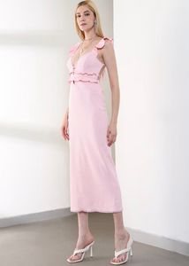 Pink Ruffle Trim Midi Dress