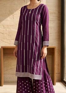 Wine Purple Printed Kurta with Sharara Set