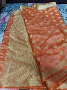 Beautiful Orange Saree with Golden Border