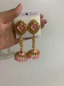 Elegant Pink &amp; Gold Jhumka Earrings