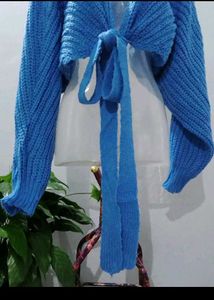 Blue Tie-Front Knit Shrug