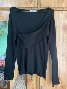 Black Ribbed V-Neck Wrap Top