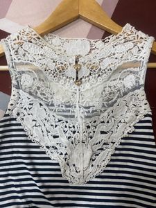 Striped Fitted Top With Embellished Neck Pattern