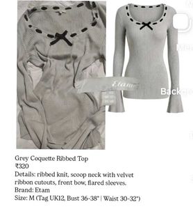 Grey Ribbed Long Sleeve Top with Bow