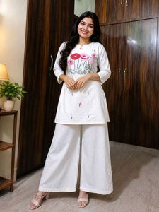 White Kurta with Palazzos and Floral Print