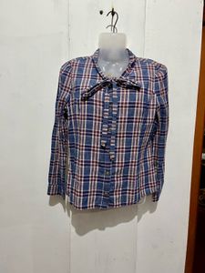 Plaid Button-Up Bow Neck Blouse