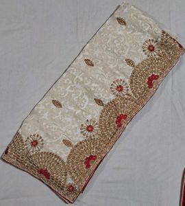 Elegant White &amp; Red Embroidered Saree with Blouse