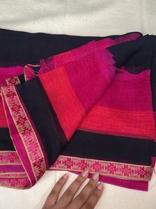 Chic Black &amp; Pink Striped Saree