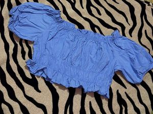 Blue Smocked Off-Shoulder Puff Sleeve Top