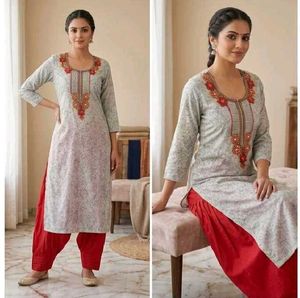 Embroidered Grey Kurta with Red Pants Set