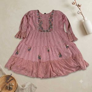 🌸Dusty Rose Embroidered Tiered Cotton Dress