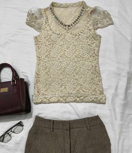 Elegant Lace Top with Embellished Collar