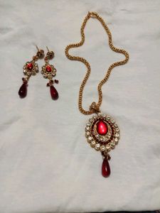 Red Stone Pendant Necklace &amp; Earrings Set ❤️