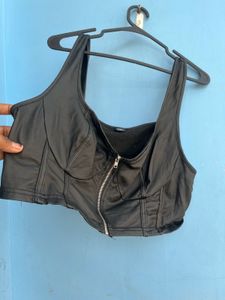 Black Faux Leather Zipper Corset Top