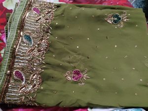 Olive Green Embroidered Saree
