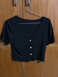 Black Cropped Button-Up Top