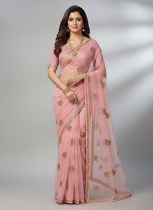 Pink net saree with sequin zari motifs