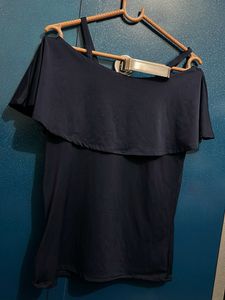 Navy Blue Off-Shoulder Ruffle Top