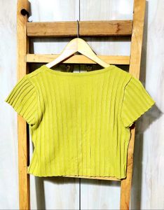 Lime Green Ribbed Button-Up Crop Top Size-30-32