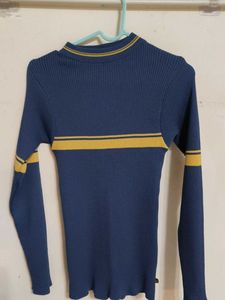 Navy &amp; Gold Ribbed Long Sleeve Top