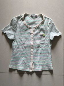 Striped Button-Up T-Shirt with Flower Accent