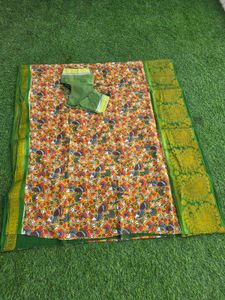 Vibrant Yellow Printed Saree with Green Border