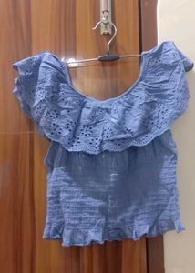 Blue Off-Shoulder Eyelet Top