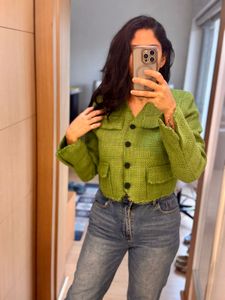 Green Textured Cropped Jacket
