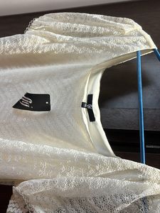 Off White Tshirt, Net Pattern, With Puff Sleeves