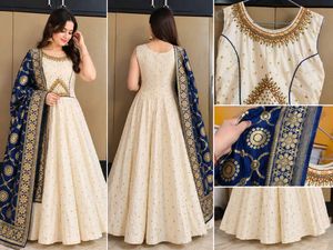 Women’s Cream Anarkali Gown with Navy Blue &amp; Golde