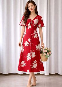 Red Floral Midi Dress
