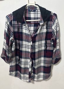 Plaid Button-Up Top with Hoodie