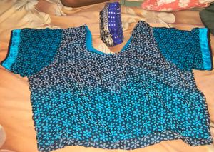 Blue Floral Saree Blouse . free 8 meter saree lace
