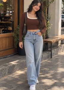 Brown Square-Neck Full-Sleeve Crop Top 🤎