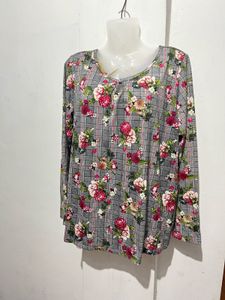 Grey Floral Print Long Sleeve Top