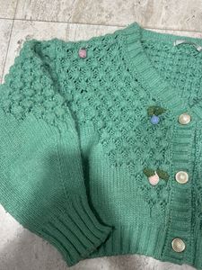 Green Knit Cardigan w/ Floral Details