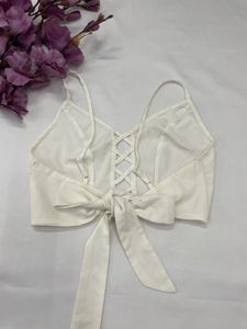 White Lace-Up Cami Top with Bow Back