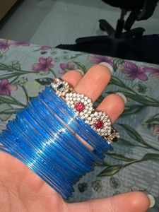 Stack of Blue Bangles with Embellished Bracelet