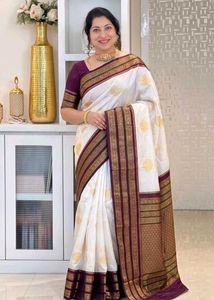 Elegant White &amp; Purple Saree