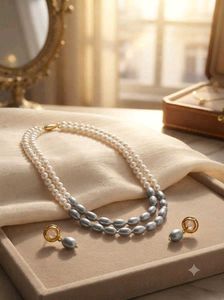 Elegant Double Strand Pearl Necklace & Earrings