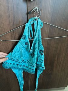 Boho Turquoise Embroidered Halter Top