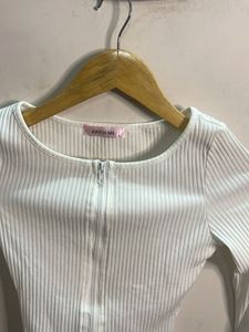 White Ribbed Zip-Up Long Sleeve Top