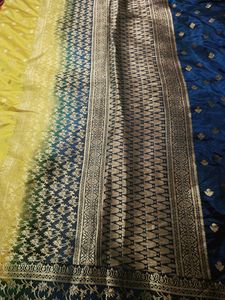Beautiful Golden And Blue Combination Silk Saree